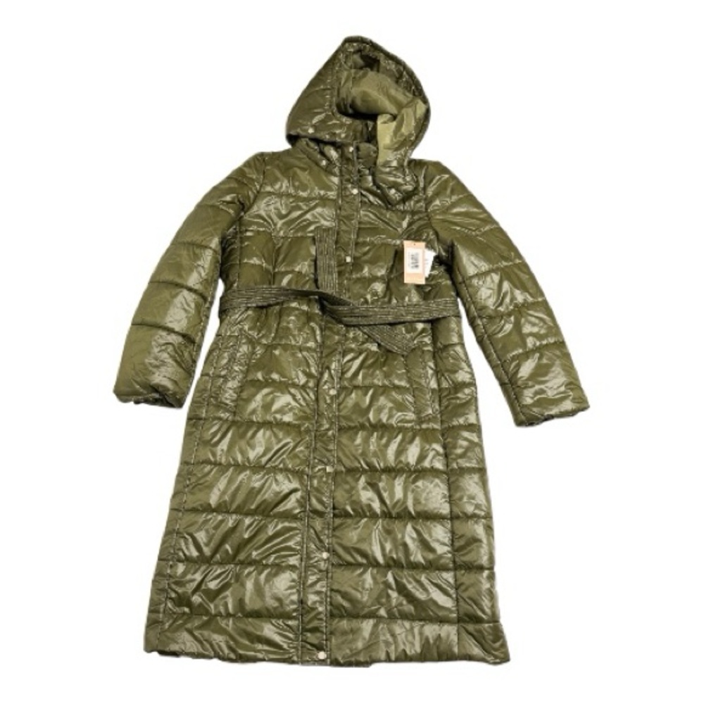 NWT JustFab Olive Green Maxi Puffer Coat | Hooded & Belted | Size XXL